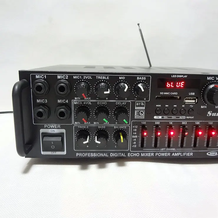 10-сегметный QE эквалайзер, обеспечивающий SUB SD карты Bluetooth 12V 220V 300W+ 300W 2,0 высокой мощности сабвуфер 2,0 Цифровой караоке аудио усилитель