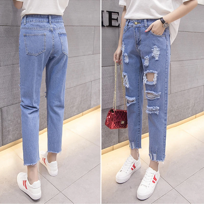 Spring Autumn Women Casual Slim Straight Pants Jeans Female Fashion Loose Hole Ripped Denim Trousers Long Streetwear Bottom | Женская