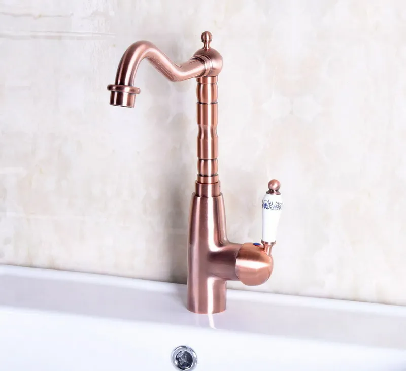 

Vintage Red Copper Antique Brass Single Handle Swivel Spout Bathroom Basin Kitchen Sink Faucet Cold & Hot Mixer Tap anf132