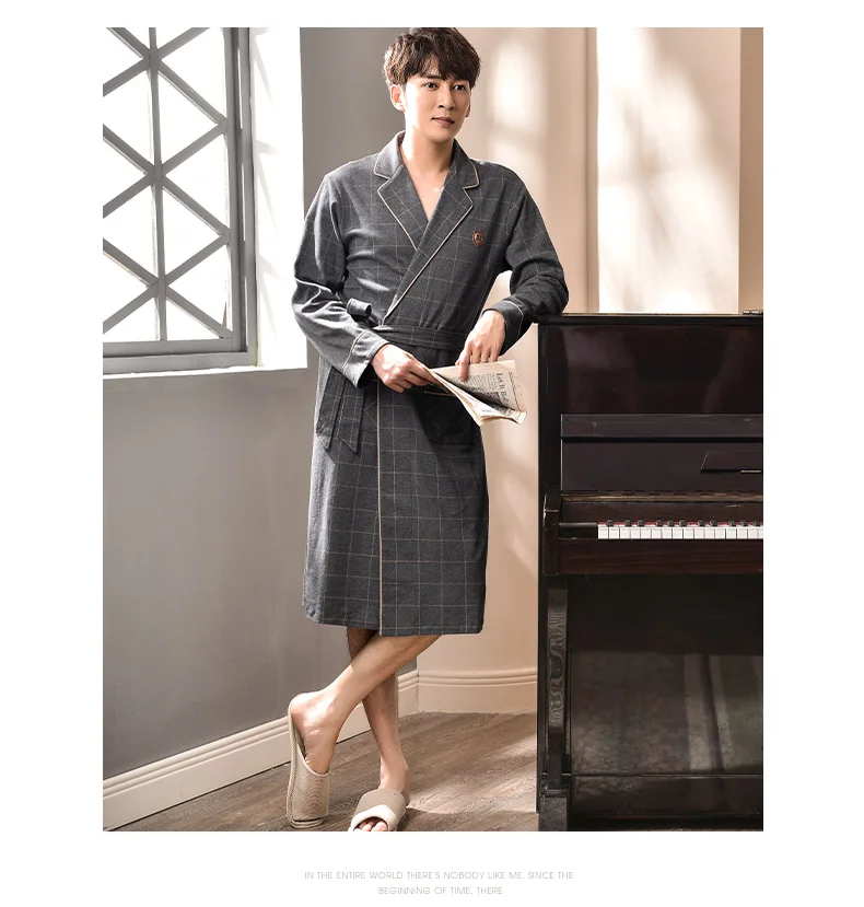 Новинка хлопок Yukata Мужская Высококачественная брендовая клетчатая одежда с длинными рукавами и отложным воротником Стильная мужская хлопковая одежда для сна нижнее белье халат