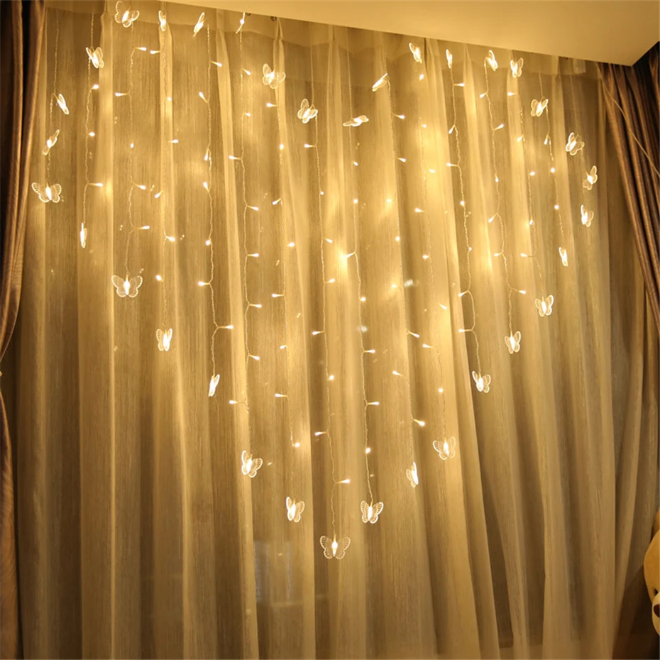 2 м x 1,5 м светодиодный светильник для занавесок в виде бабочек, украшение для детской комнаты, патио, окна, сада, Рождество, Год, ac220в разъем питания