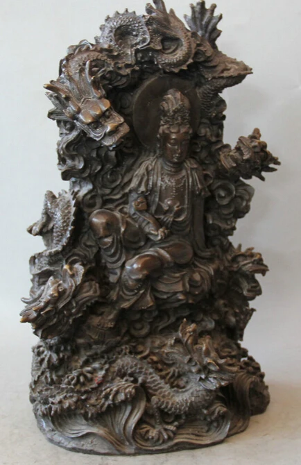 SCY S0524 16 &quotКитайский Бронзовый Ru Yi Seat Nine Dragon Kwan-yin Guan Yin Boddhisattva статуя | Дом и сад
