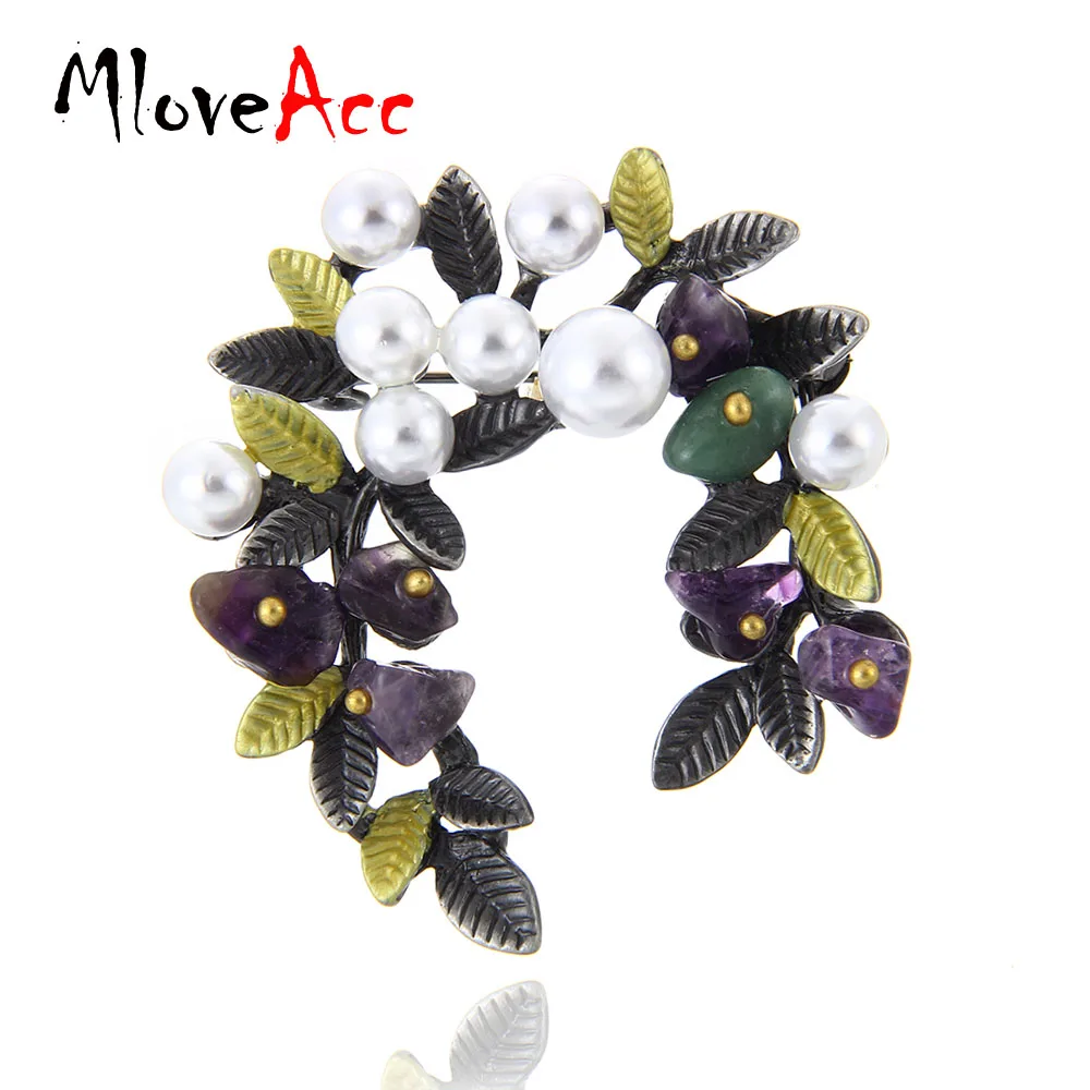 

MloveAcc Colorful Natural Stone Leaf Brooches Pins Vintage Style Imitation Pearl Big Women Brooch Wedding Accessories Jewelry