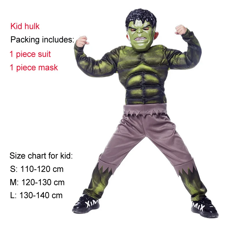 Kid hulk Костюм Пурим на Хэллоуин, костюм Человека-паука, Бэтмена, СУПЕРМЕНА для мальчиков, Детский карнавальный костюм супергероя, Мстители, одежда для костюмированной вечеринки - Цвет: Kid hulk