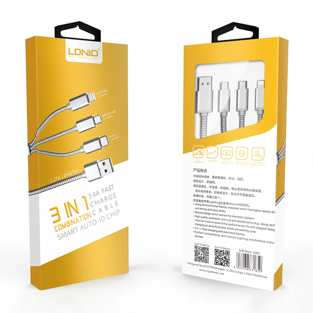 LDNIO 3 в 1 USB кабель для мобильного телефона Micro Lightning type C разъем передачи данных