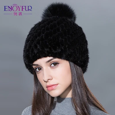ENJOYFUR горячая Распродажа меховая шапка из натуральной норки для женщин, зимняя вязаная шапка из меха норки с помпонами из меха лисы, новая Толстая Женская шапка - Цвет: 01