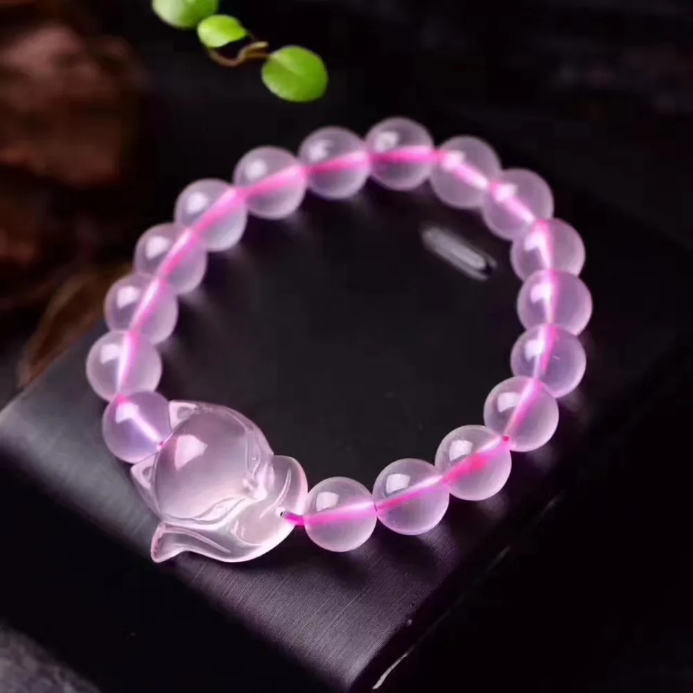 Женский браслет из розового кварца с подвеской в виде лисы 10/12/14 мм | Украшения и