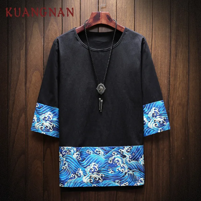 Black KUANGNAN Waves Футболка мужская мода Harajuku уличная забавная Футболка мужская футболка хип-хоп Футболка мужская 5XL Лето - Цвет: Black