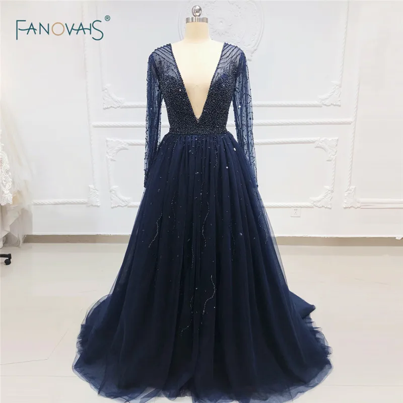 

2019 Navy Blue Evening Dresses Long Sleeves Deep V Neck Beaded Luxury Prom Dress Tulle Formal Evening Gown Vestiod de Festa NE25