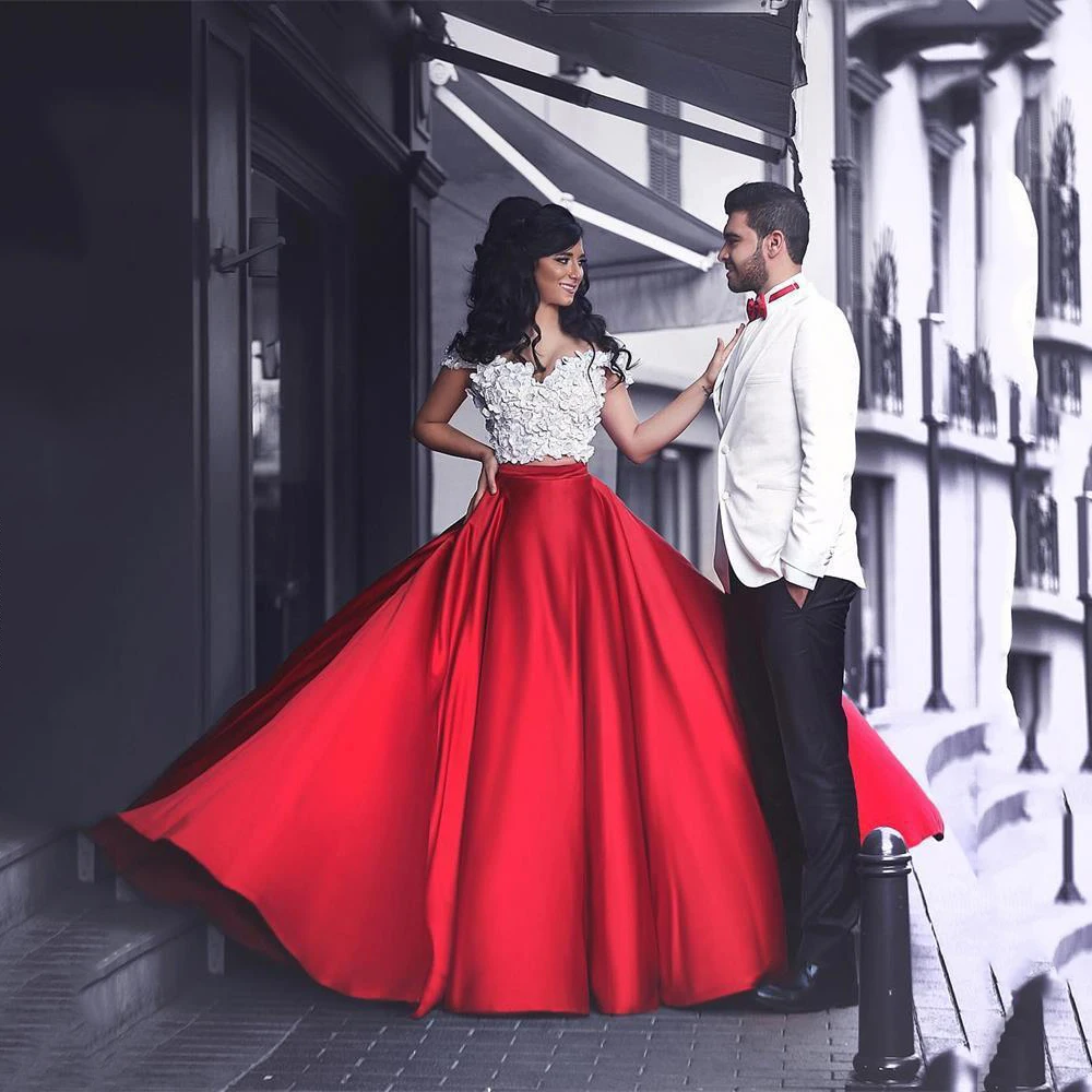 Vestido de festa сексуальный милый комплект из двух предметов мантия для выпускного вечера с рукавами-крылышками цвета слоновой кости и красное атласное свадебное платье