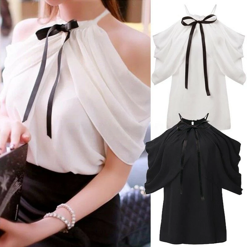 Женская Повседневная однотонная блуза на бретелях с оборками и бантом шифоновые