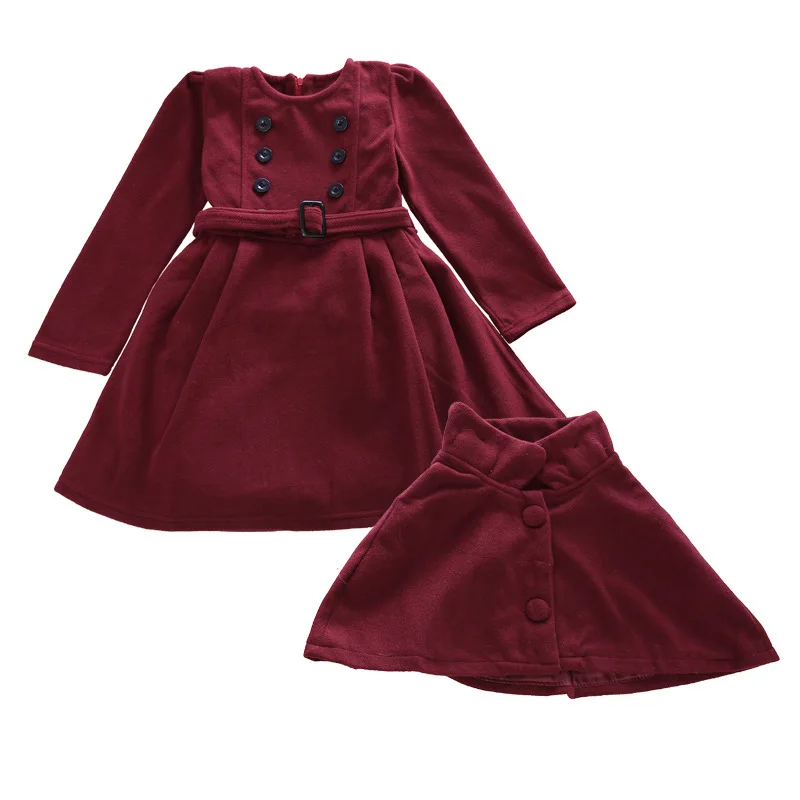 Girls Princess Dress with Cloak Spring Autumn Long Sleeve Kids Dresses for Solid Sashes A-line Teens Children Clothing | Детская одежда