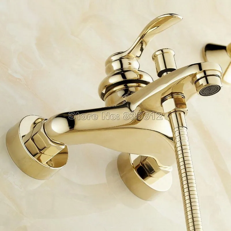 Gold Color Brass Bathroom Bathtub Shower Faucet Set Single Handle Mixer Tap with Wall Mounted Ceramic Hand Held Wtf402 | Обустройство