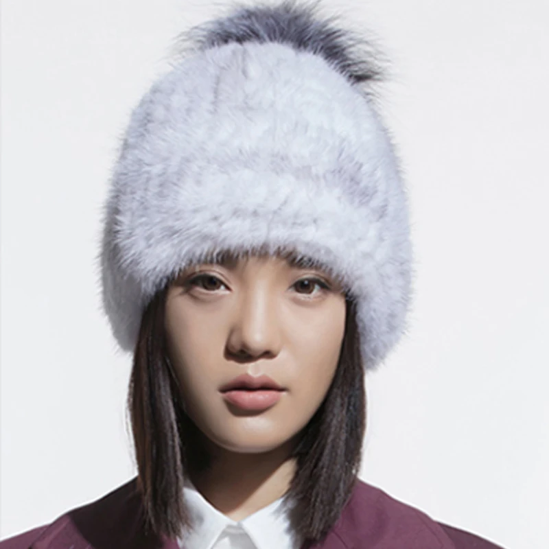 Elegant Women Real Mink Fur Skullies Beanies Cap Hand-Woven Winter Warm Hats With Fox Fur Ball 7Colors