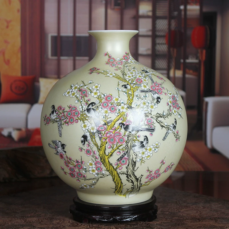 

Jingdezhen Ceramic Pomegranate Flower Vase With Flowers and Bird Pattern Yellow Wedding Furnishing Articles Contemporary Vases