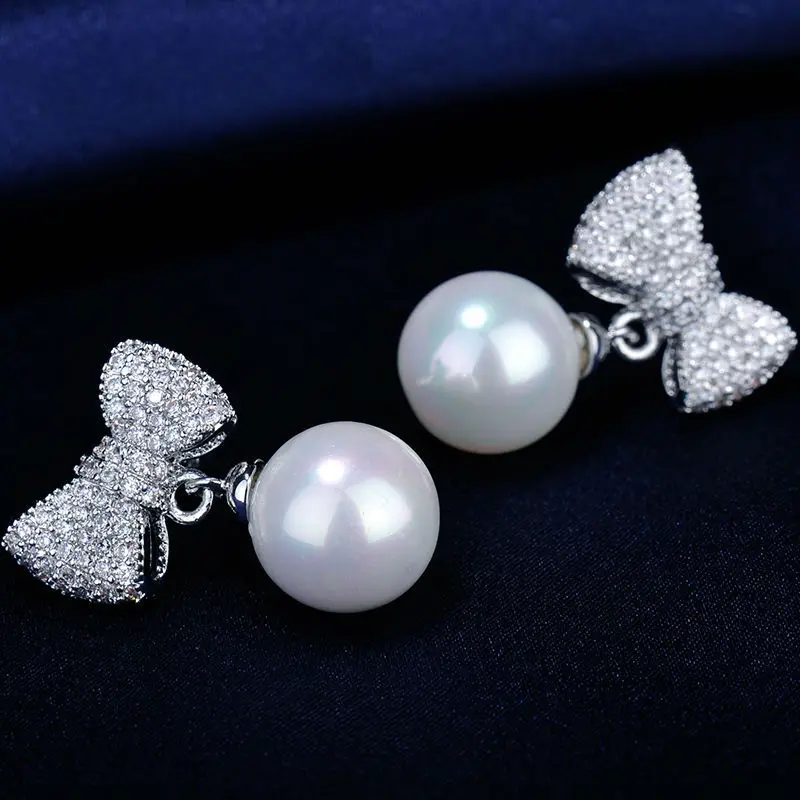 Серьги подвески женские с бантом и фианитом серебряное покрытие|dangle earrings for