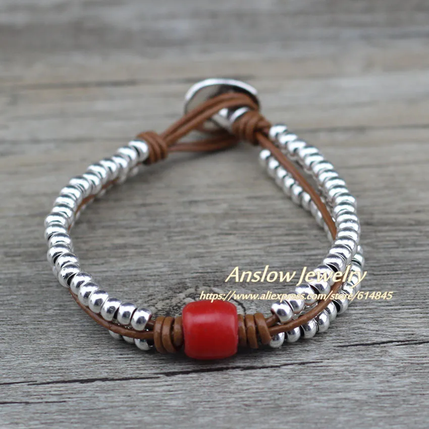 Coffee Red Anslow модные ювелирные изделия Винтаж Шарм ручной работы DIY кожаный браслет для женщин Bijoux Высокое качество Рождественский подарок LOW0703LB - Metal Color: Coffee Red