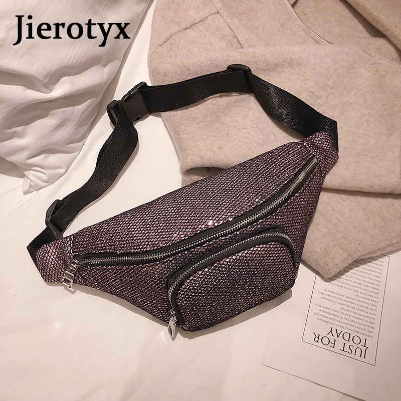JIEROTYX модная поясная сумка для женщин, поясная сумка, повседневная черная кожаная сумка с пайетками на цепочке, кошелек на молнии, дорожная нагрудная сумка, высокое качество