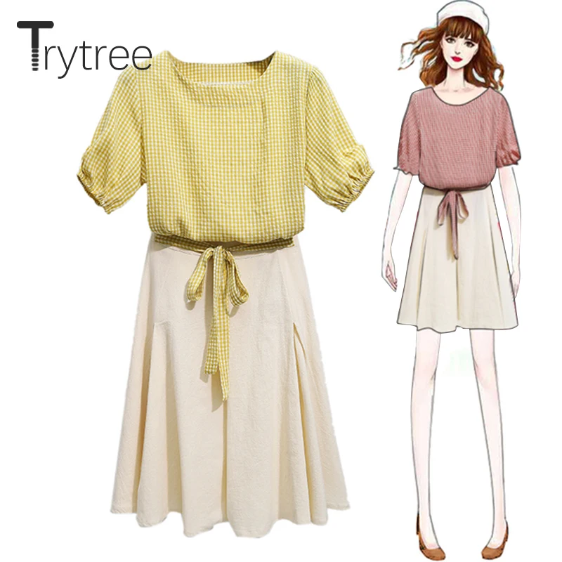 Trytree/летний женский костюм из двух предметов повседневный клетчатый топ с