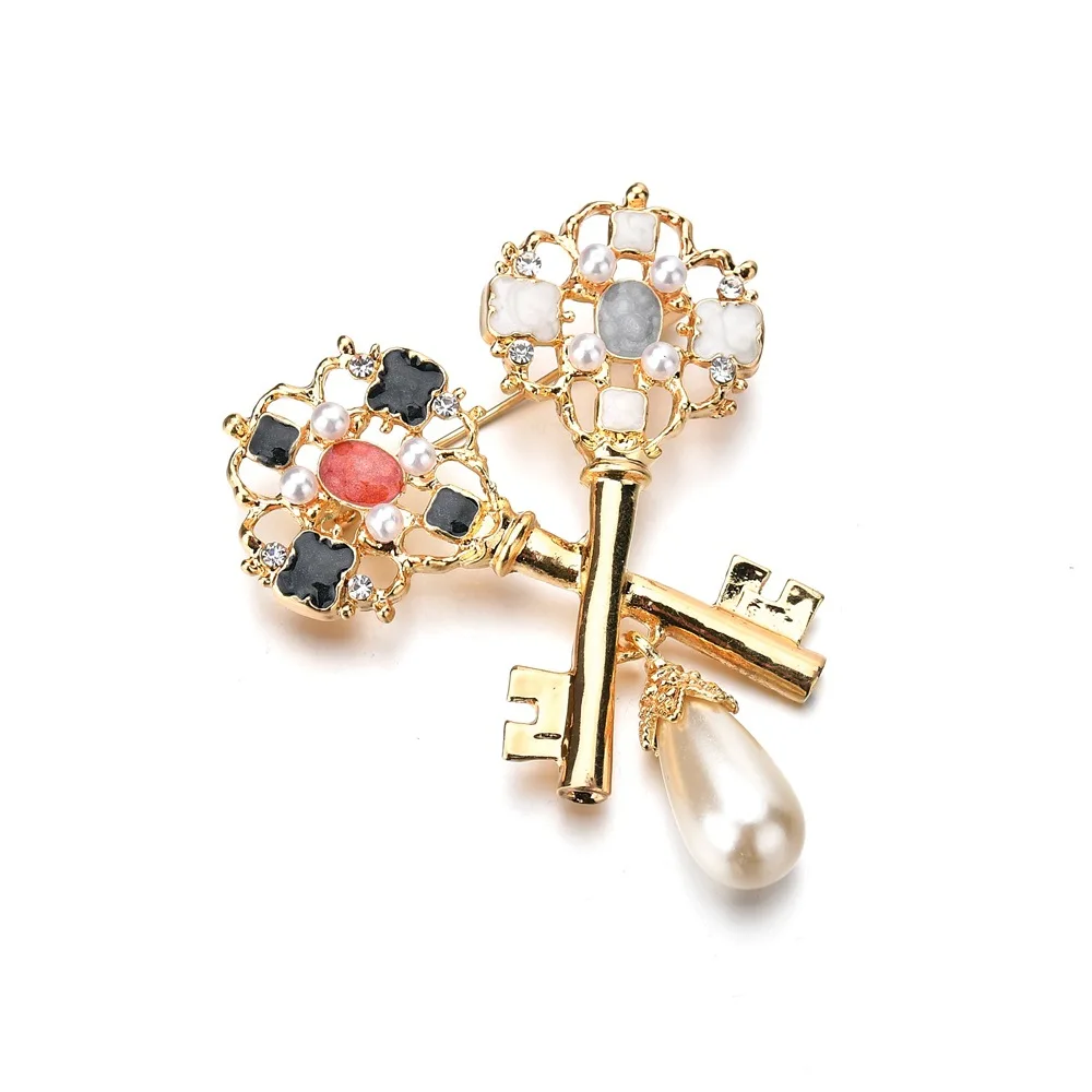 2019 NEW college style personality fashion gold color double Crown Key statement pearl Brooch women badge jewelry gift | Украшения и