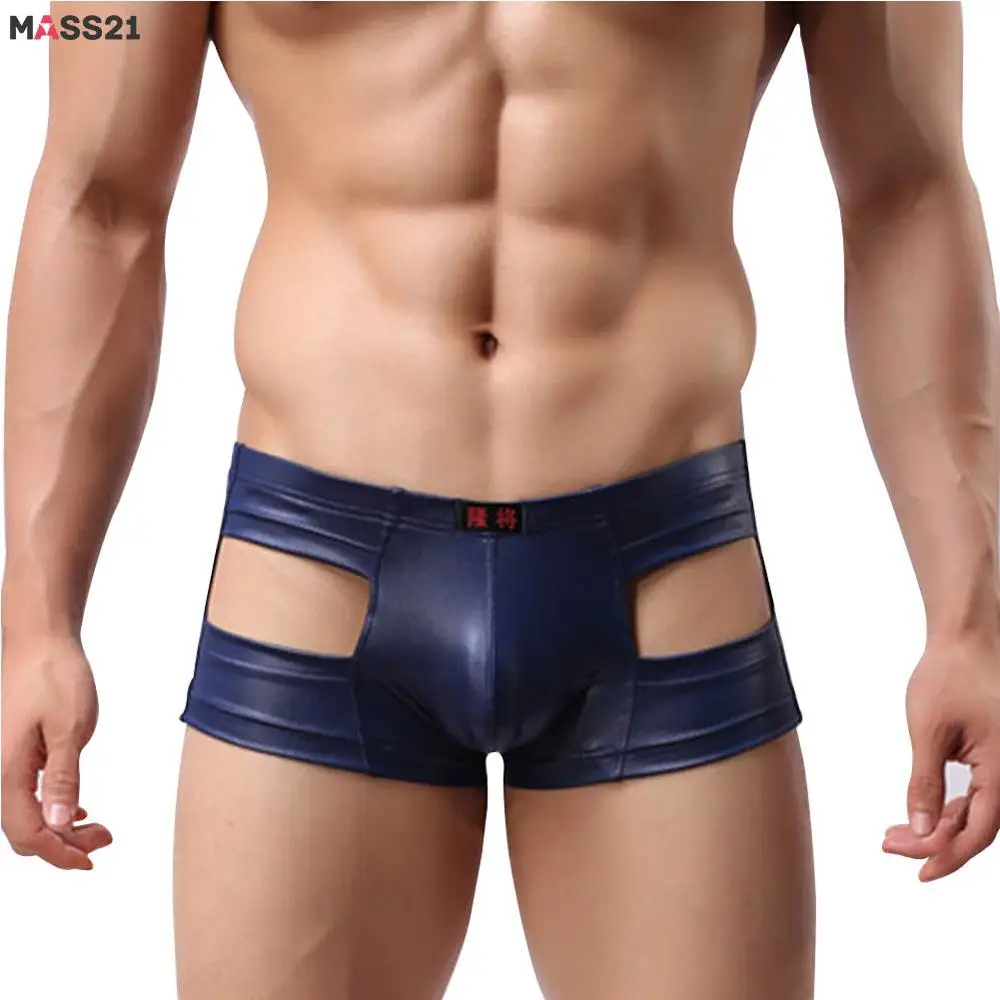 MASS21 Boxer Mens Underwear Faux Leather Sexy Hollow Out Underpants Male Panties Shorts Solid Cuecas | Мужская одежда