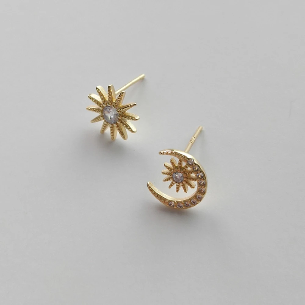 925 Sterling Silver Women Asymmetric Earring Tiny Starburst Crescent Moon Star Stud Earrings Zircon Hypoallergenic Kids jewelry | Украшения
