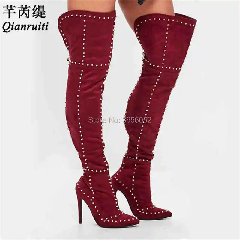 

Qianruiti Bota Feminina Rivet Shoes Woman Metal Studs Over The Knee Long Booties Sexy High Heels Suede Leather Thigh High Boots