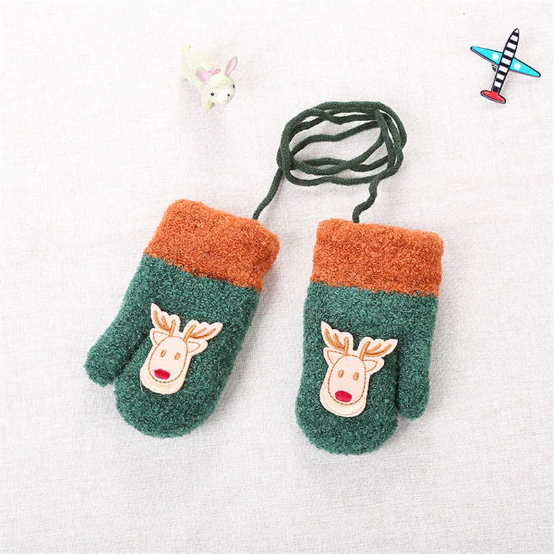 Winter Baby Boy Girl Gloves Cotton Kids Full Finger Cute Cartoon Knitting Solid Infant kids Thicken Warm With Sling | Детская одежда и