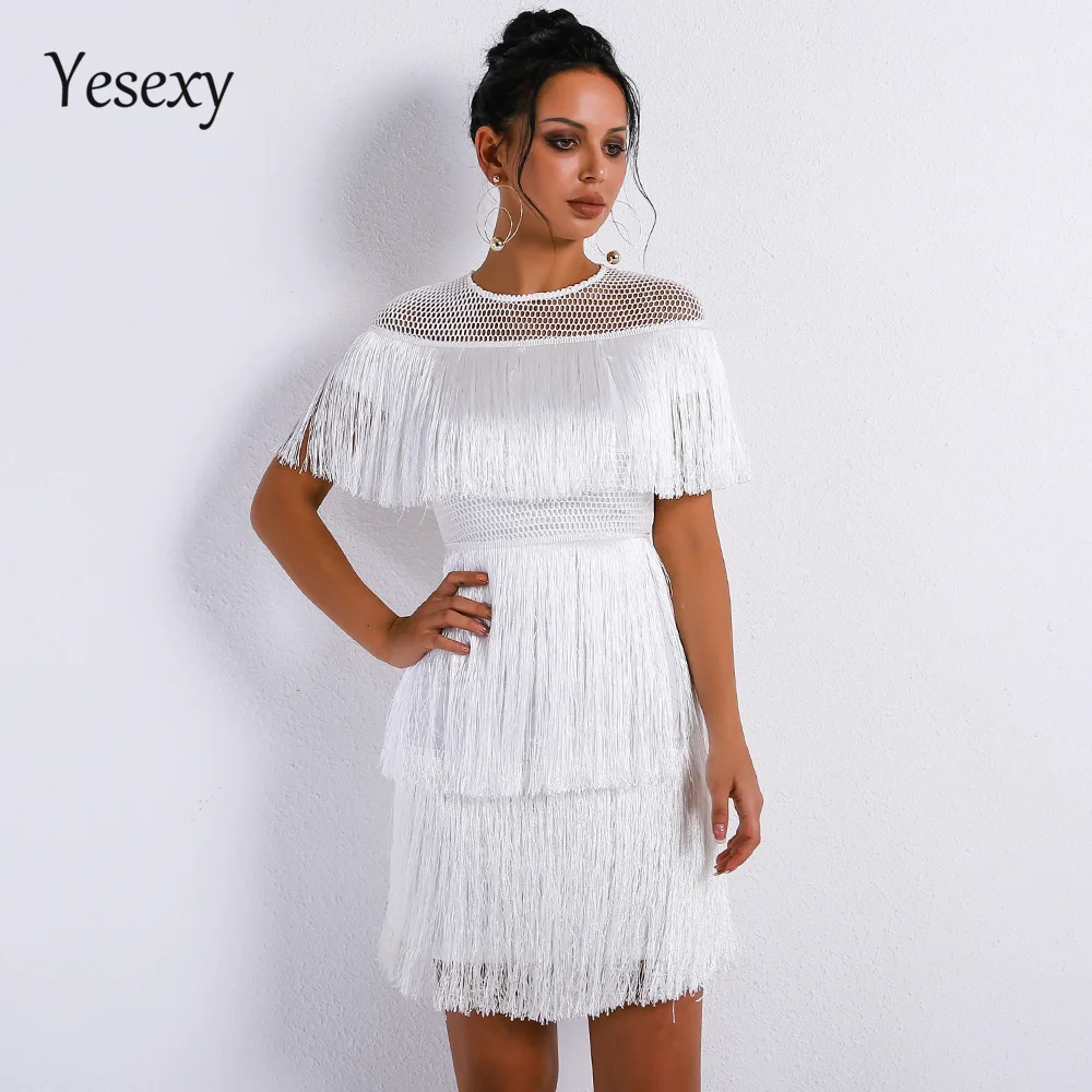 Yesexy женское сексуальное платье с круглым вырезом и коротким рукавом, женское элегантное облегающее платье с кисточками Vestdios VR9341-1