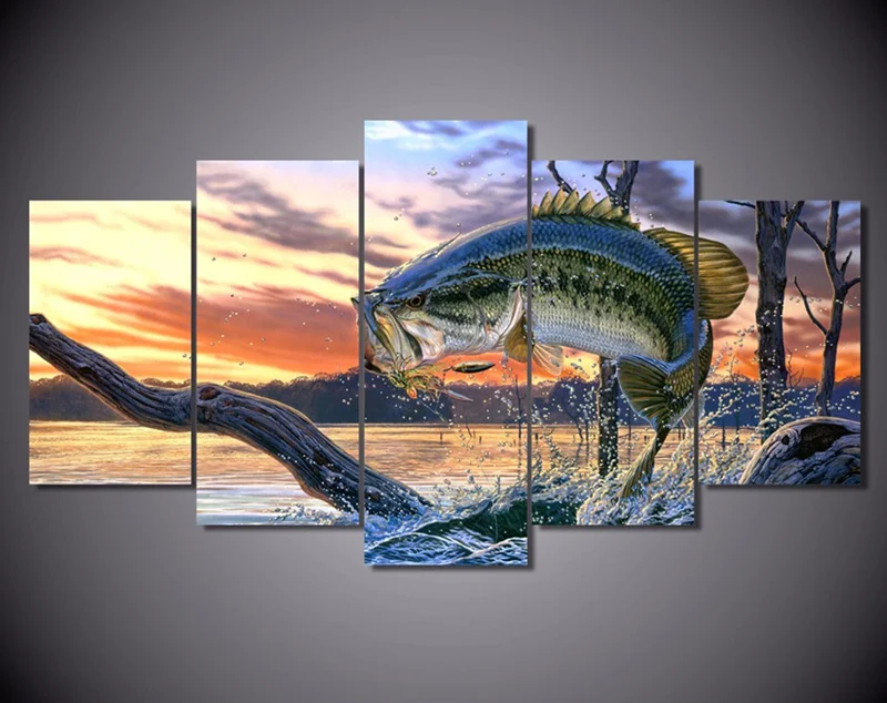 5iece холст искусство настенный плакат картина каллиграфия прыжки рыбы пейзаж