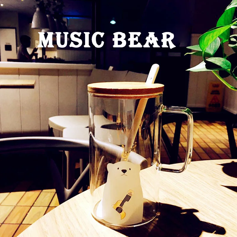 music bear Креативная прозрачная стеклянная чашка с изображением медведя, молока, кофе, сока, чашки с высоким бором, идеальный подарок для девочки, детское украшение, универсальная чашка - Цвет: music bear