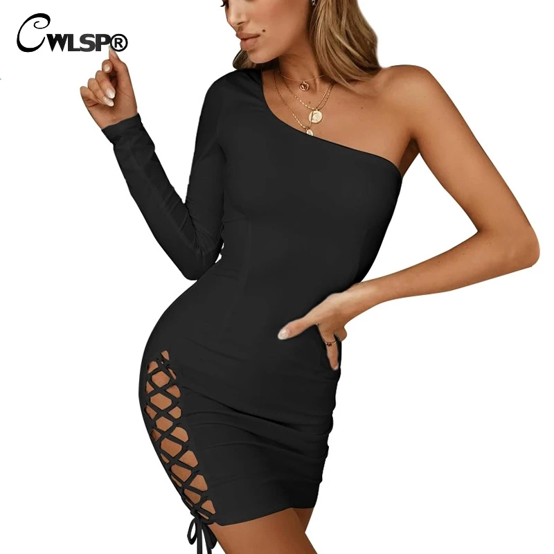 

CWLSP 2018 Summer New 4 Colors Dress One Shoulder Female Mini Dresses For Women Hollow Out Slim Dresses Vestidos QZ2942