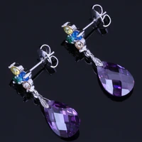 fancy water drop multigem multicolor purple cubic zirconia silver plated drop dangle earrings v1033