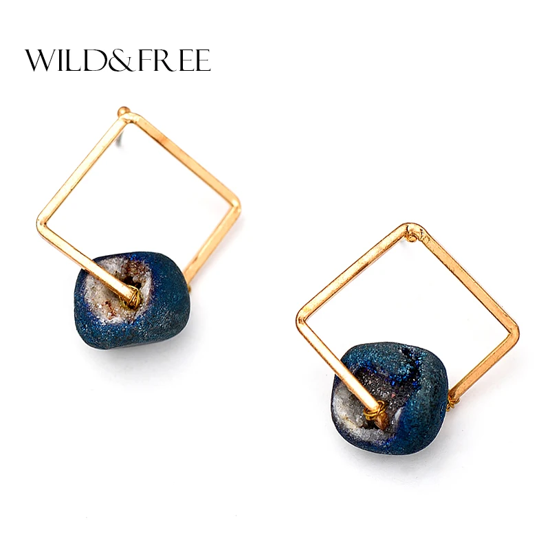 WILD &amp FREE Women Blue Natural Stone Stud Earrings Vintage Gold Square Alloy Hollow Out Jewelry Gift | Украшения и аксессуары