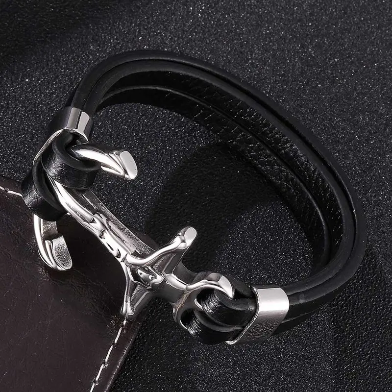 Classic Male Jewelry Cross Bracelet Men Stainless Steel Anchor Charm Double Layer Leather Wrap Bracelets for Man PW781 | Украшения и