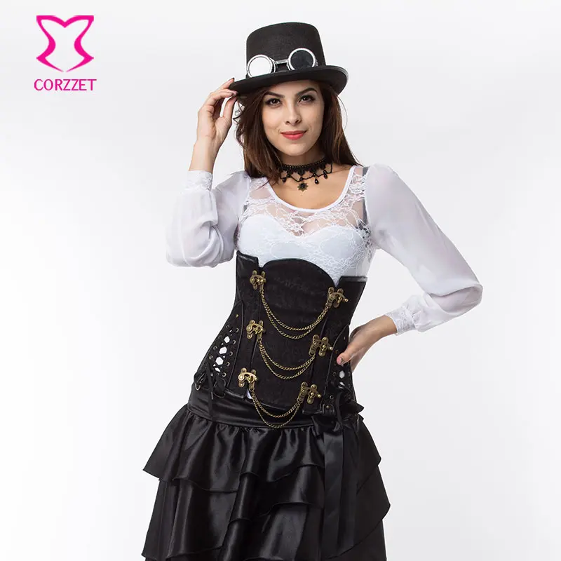 Стальной черный парча винтажный Готический Корсет Талии Тренажер плюс размер