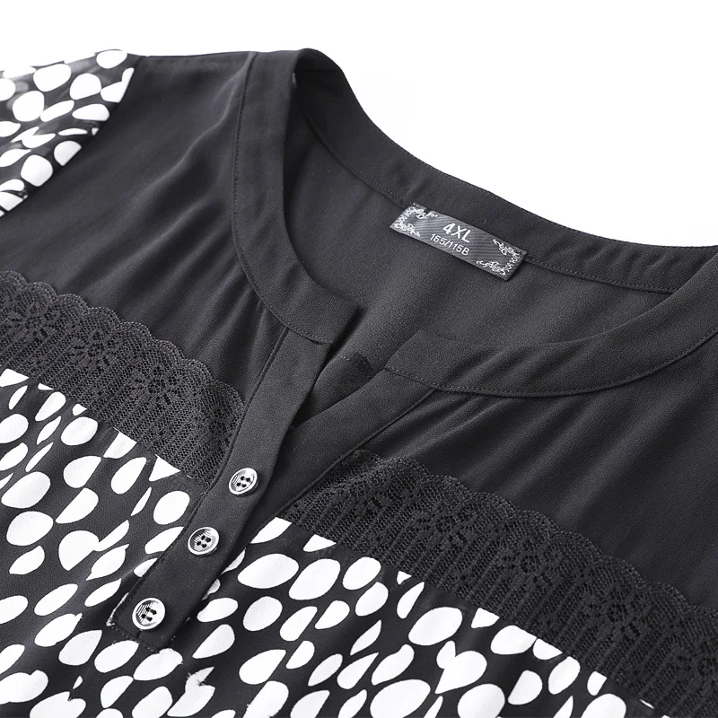 

Plus Size 10XL 9XL 4XL Women Short Sleeves Summer Clothing Elegant Chiffon Dot Printed&Solid Fabric Patchwork Loose Woman Tops