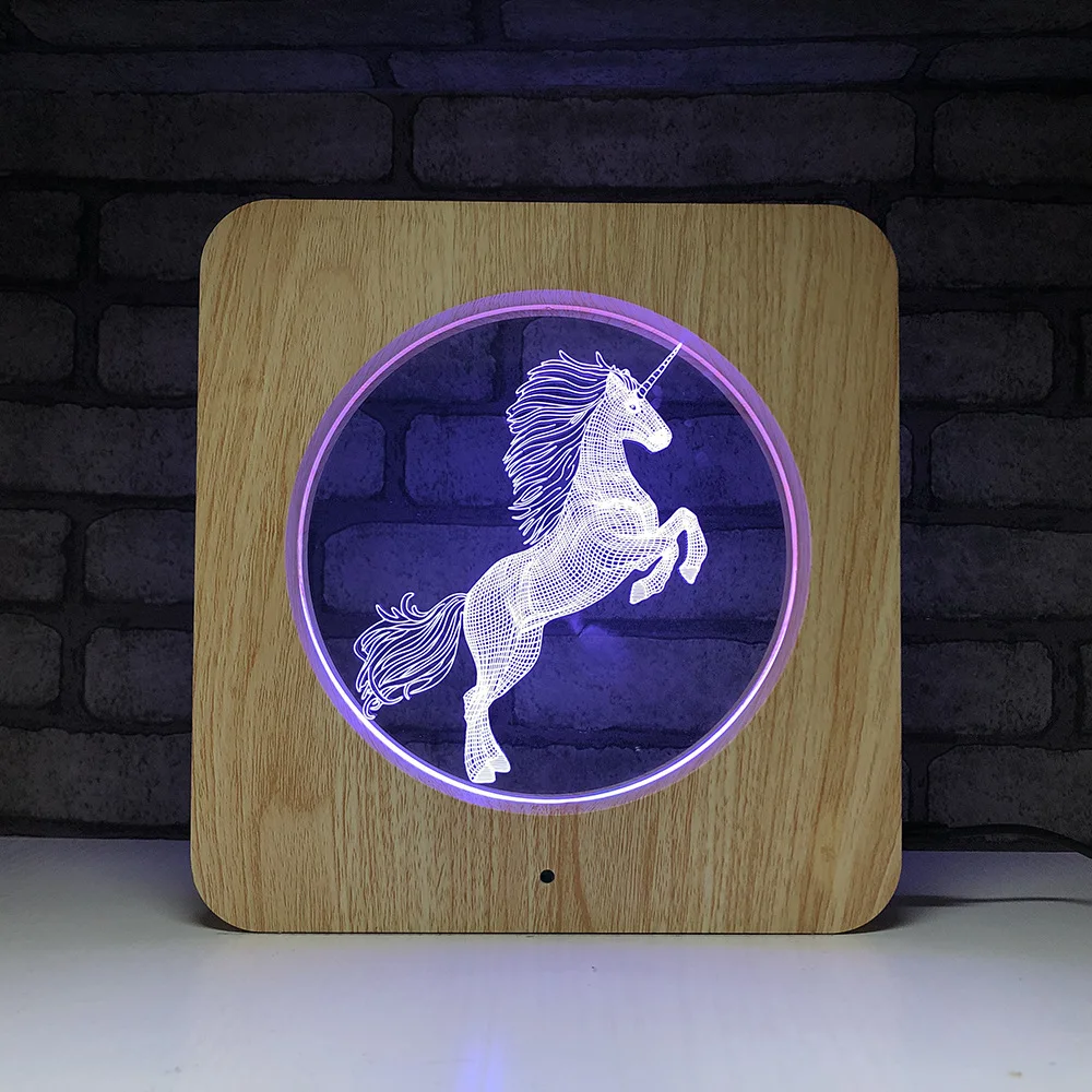 Новинка деревянный Единорог 3D светодиодный RGB Ночной светильник 7 цветов