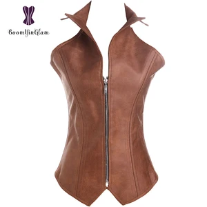 Wholesale Women Clothing Slimming Waist Intimates Leather Bustiers & Corsets Front Zipper Steam Punk Brown Collar Corset 914#