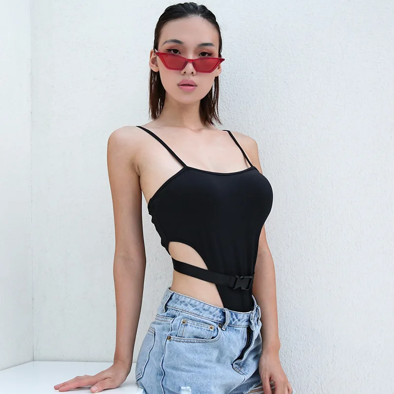 Высокая талия Bodycon сексуальные женские боди Черный Спагетти комбинезон на