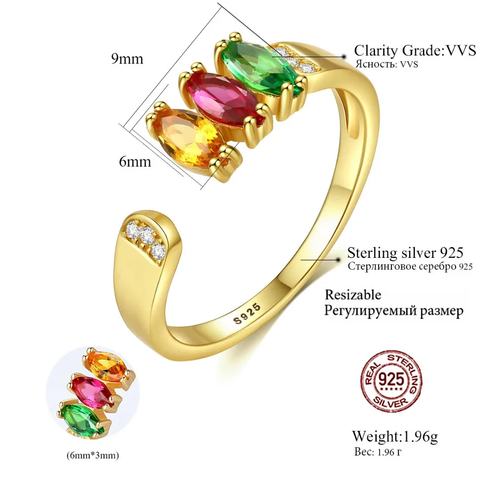 CZCITY Gold Plated 925 Sterling Silver Adjustable Cuff Rings for Women Multi-color CZ Stone Female Wedding Bijouxme Gift | Украшения и