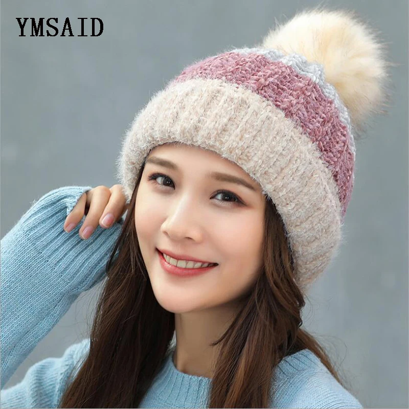 Ymsaid,, зимняя утолщенная теплая шапка Skullies для женщин, шерстяные вязаные шапочки, шапка в стиле пэчворк, модный головной убор