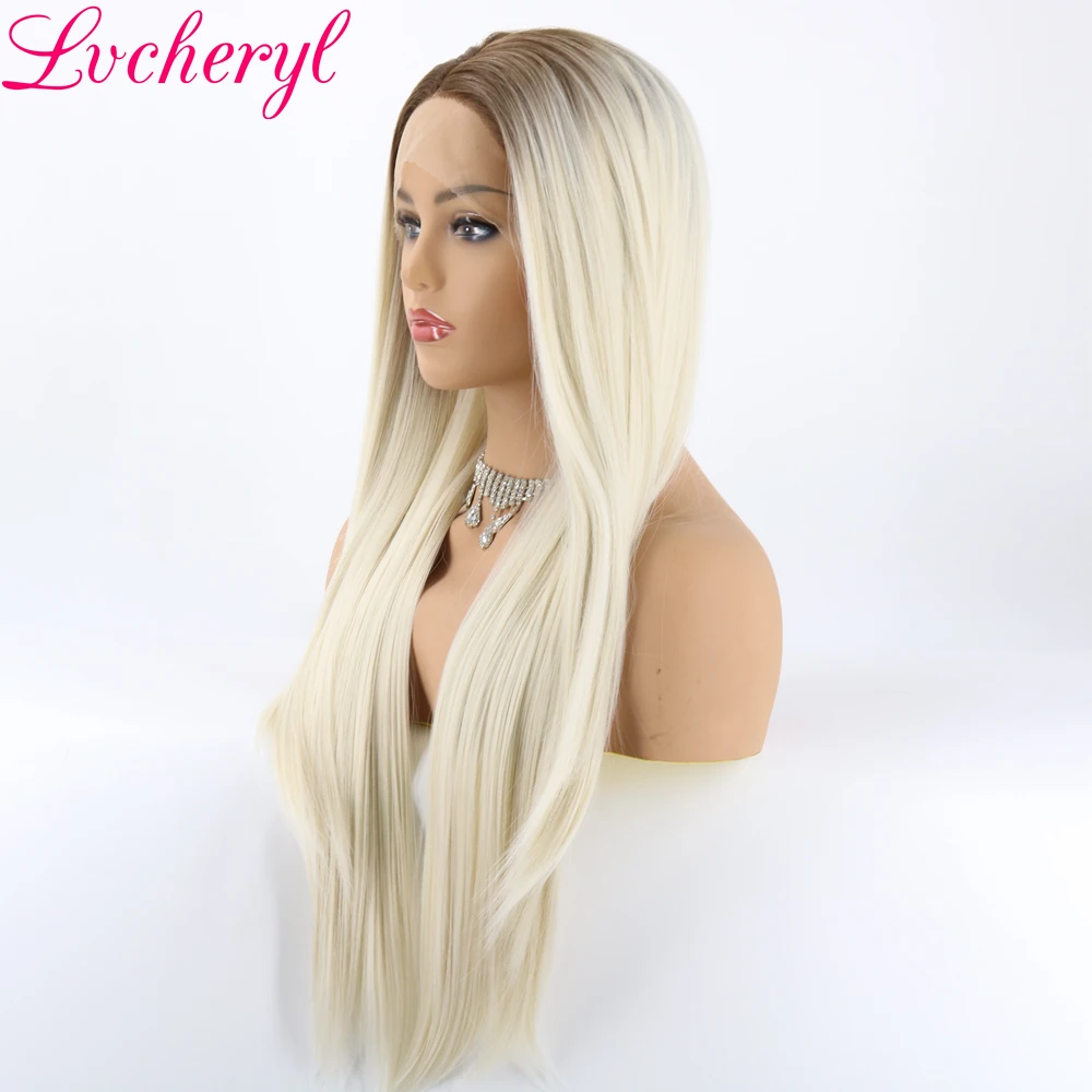 Lvcheryl темное Омбре коричневые корни для молочного блонда натуральные длинные шелковистые прямые бесклеевые синтетические передние парики на кружеве для белых женщин
