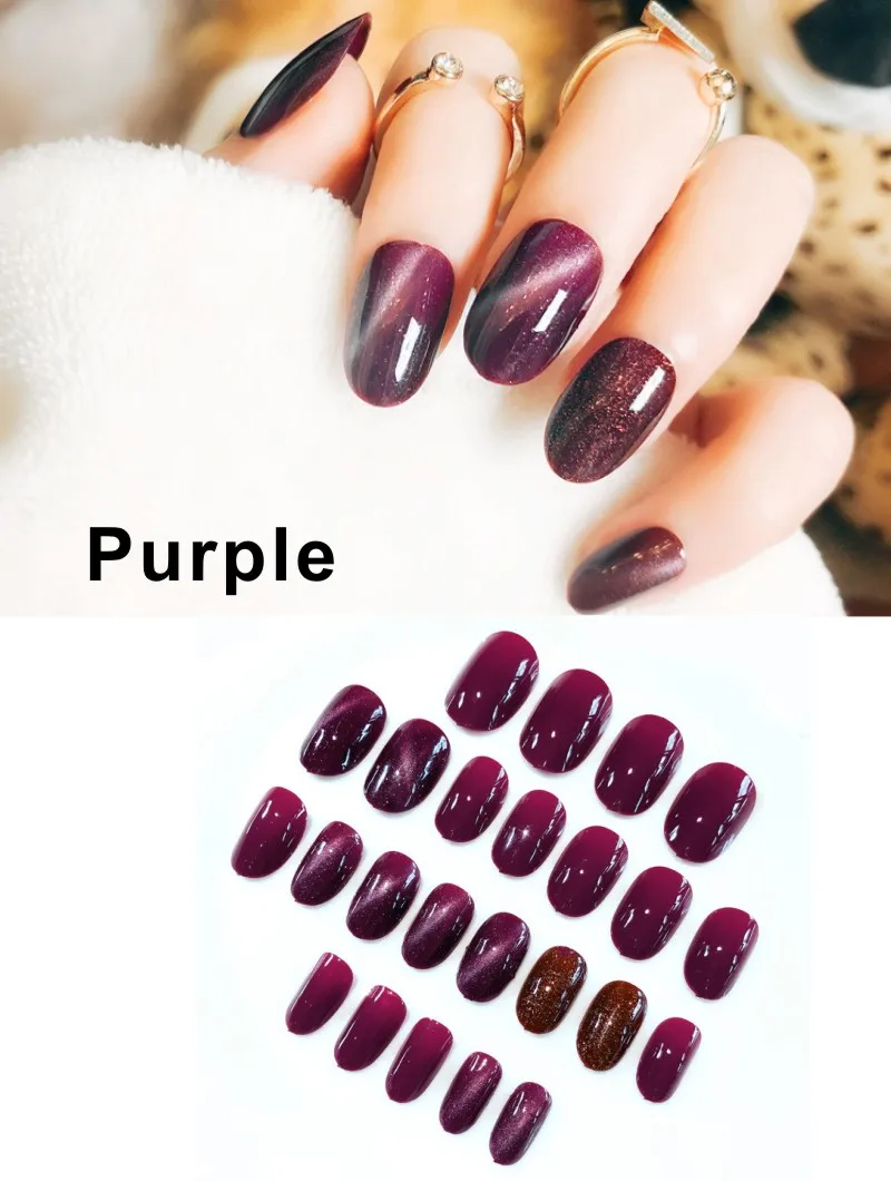 Purple 24 шт./компл. черные солнцезащитные очки "кошачий глаз", накладные ногти овальной формы с короткими искусственные накладные ногти голубые стразы фототерапия, полного покрытия, накладные ногти - Цвет: Purple