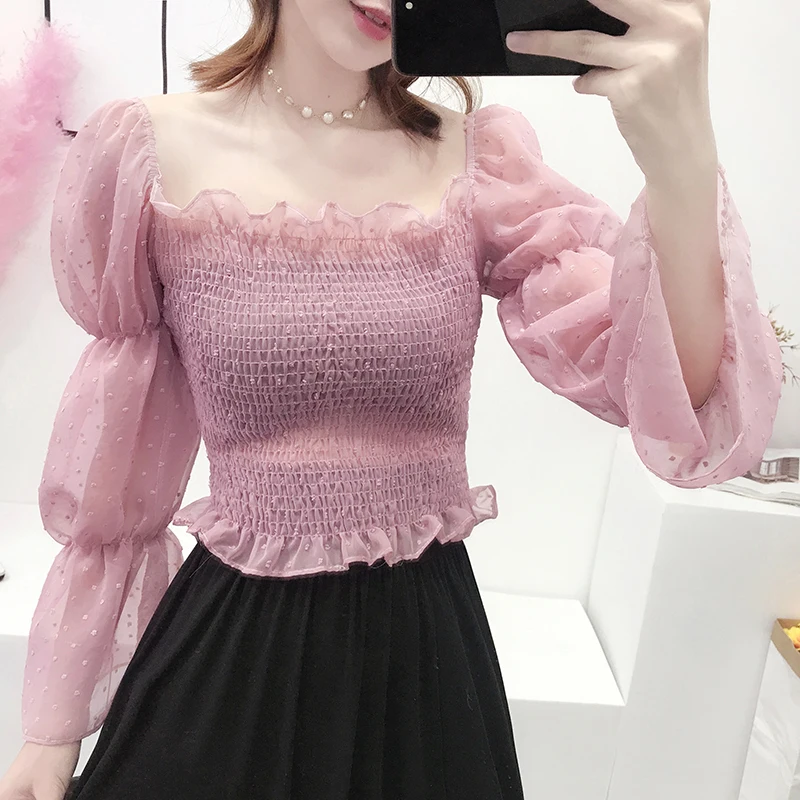 Топы в горошек модная женская одежда винтажном стиле блузки укороченный топ