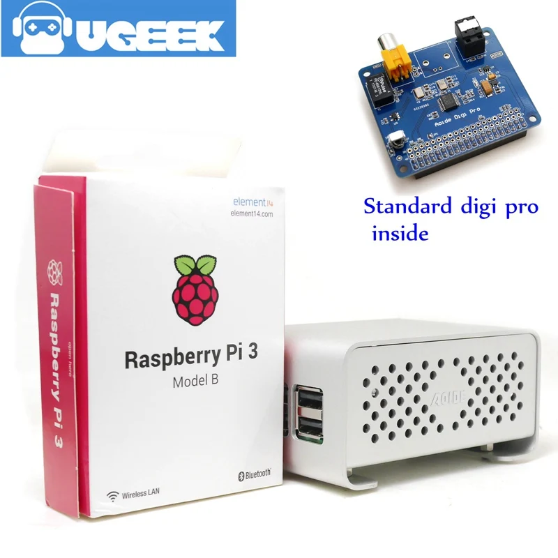 UGEEK AOIDE HIFI DiGi Pro цифровая звуковая карта+ чехол+ Raspberry Pi 3B комплект | два осциллятора | ies SPDIF Оптическое волокно | 44,1 и 48 кГц | DA101C - Комплект: DigiproE143B