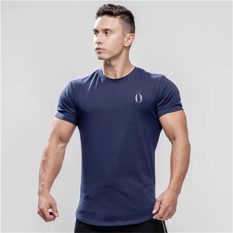 navy blue Модная футболка с принтом, мужская хлопковая дышащая футболка с коротким рукавом для фитнеса, футболка для тренажерного зала, облегающая Повседневная летняя футболка - Цвет: navy blue