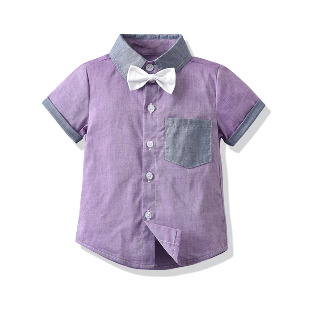 Top and Summer Kids Boys Casual Clothing Sets Short Sleeve Purple Shirt+Overalls Children Boy Gentleman Outfits Bebe Suit |