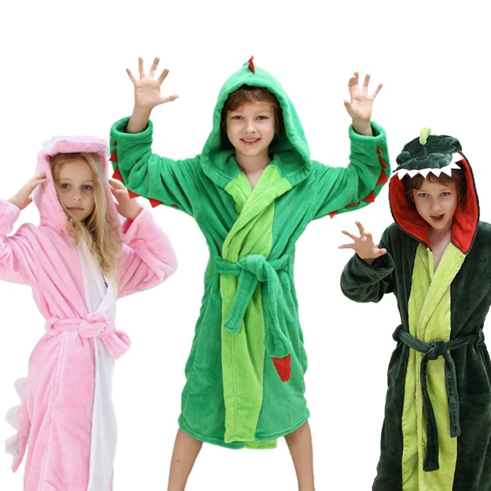 

Girls Boys' Plush Hooded Bathrobe - Dinosaur Fleece Robe