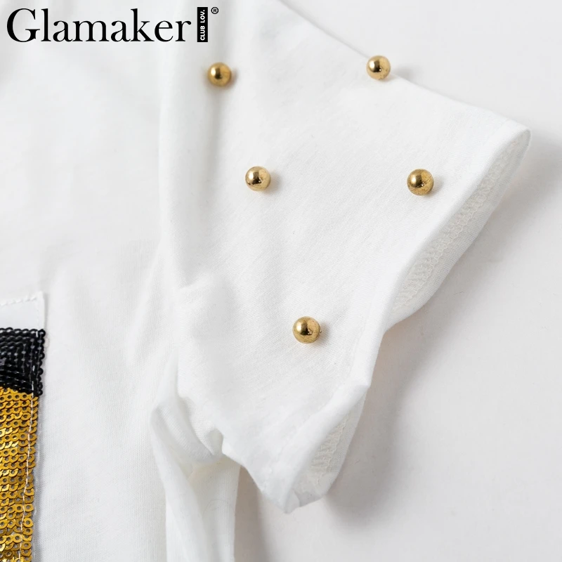 Glamaker, черная футболка с блестками, короткий рукав, уличная одежда, рисунок лица, Повседневная белая футболка с заклепками, женская футболка для фитнеса, летний топ